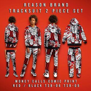 Reason Money Calls Comic Print Tracksuit Set 2 Piece Hoodie & Pants Mens Large